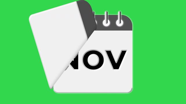 Animated calendar pages flipping through months on green screen background, time passing