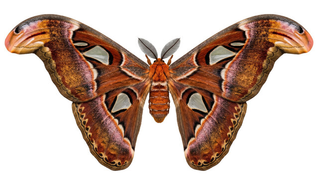 Atlas moth wings spread with russet amber pink cream pattern transparent snake-eye window patches feathered antennae on transparent background