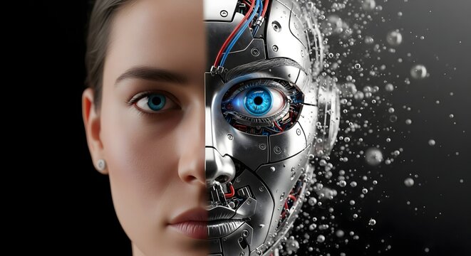 A conceptual portrait showing a human face transitioning into a metallic robotic head.