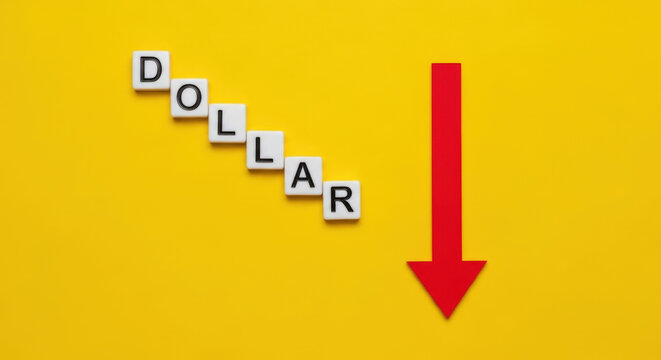 Dollar Value Decreasing: Word on Tiles with Downward Arrow on Yellow Backdrop. Economic Downturn, Recession and Financial Crisis Concept