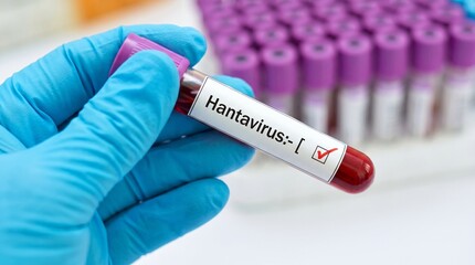 Obraz premium Positive hantavirus test result in blood collection vial held by hand in protective blue nitrile glove.