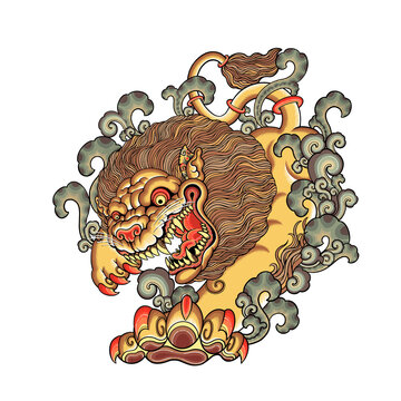 Traditional Javanese batik pattern and tattoo style illustration of a roaring mythical lion, perfect for cultural streetwear clothing, t-shirt designs, ethnic merchandise, posters, and mascot logos.