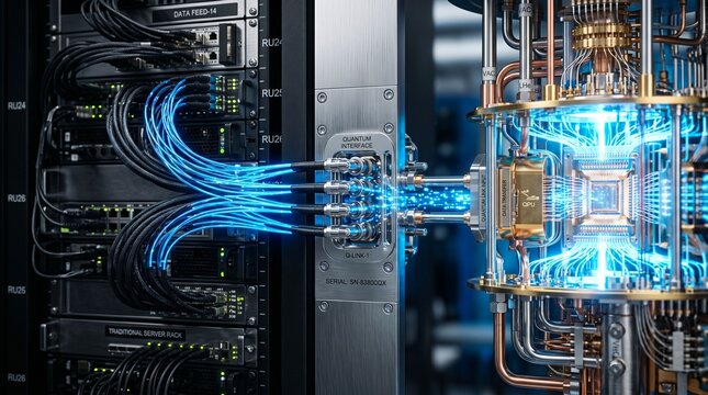 A high-tech quantum computer processor connecting to server racks with glowing blue fiber optic cables showing data transfer in a modern laboratory setting.