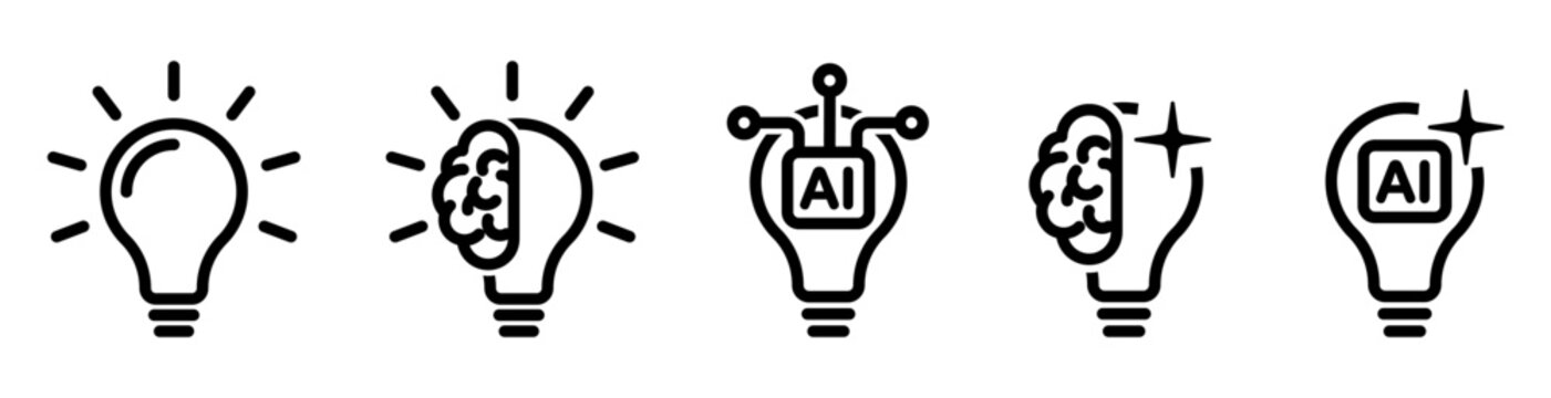Creative Idea Lamp and AI Innovation icons, Modern AI Thinking Light Bulb symbol Line Set Vector on White Background