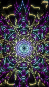 Intricate neon mandala with organic symmetry and luminous depth, abstract sacred geometry vertical reel designed for meditation visuals and immersive visual exploration
