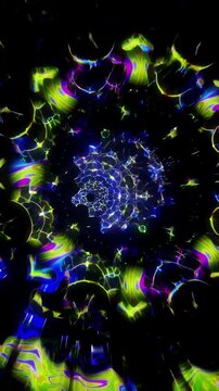Abstract mandala formed by swirling organic shapes and electric highlights, sacred geometry vertical reel blending psychedelic motion and immersive meditation energy
