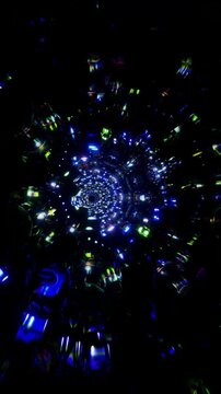 Cosmic particle mandala with luminous blue fragments and radial expansion, abstract sacred geometry vertical reel designed for meditation and celestial immersion
