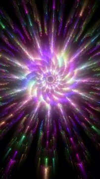 Radiant vortex mandala with multicolor light rays and expanding motion, abstract sacred geometry vertical reel created for trance visuals and immersive meditation
