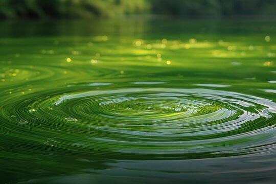 Circular ripples of green algae on pond surface closeup