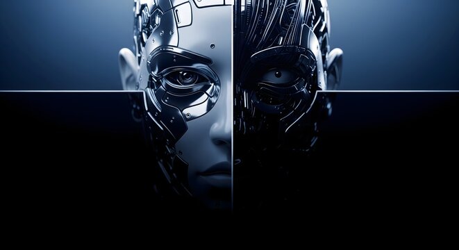A conceptual split-face portrait of a humanoid robot head featuring metallic textures.