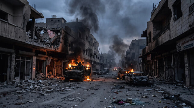 War torn city street featuring a burning military vehicle surrounded by destroyed buildings and debris captured in a dark atmospheric photograph showing the aftermath of a violent conflict between opp