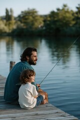 Fototapeta premium Father and child fishing together on wooden dock by lake