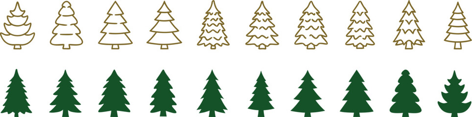 Obraz premium Minimalist Christmas tree icon collection with hand drawn outline and solid pine tree symbols in flat vector style for holiday decoration, winter branding and festive design projects.