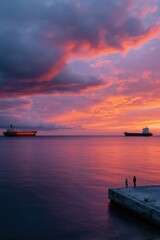 Fototapeta premium Two cargo ships offshore with people standing on pier