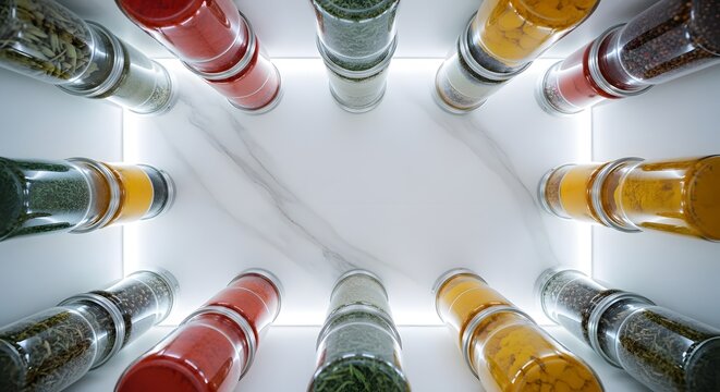 Symmetrical top view of colorful spice jars on marble with bright glowing rim lighting in white box.
