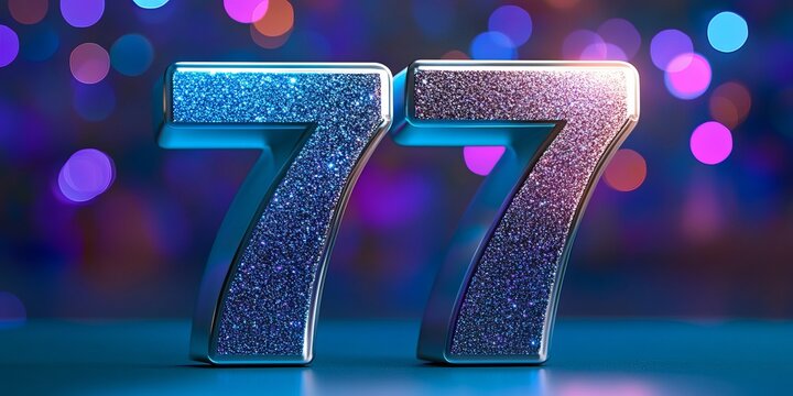 Vibrant Shiny Metallic Number 77 Celebration Symbol on Turquoise with Sparkling Festive Background
