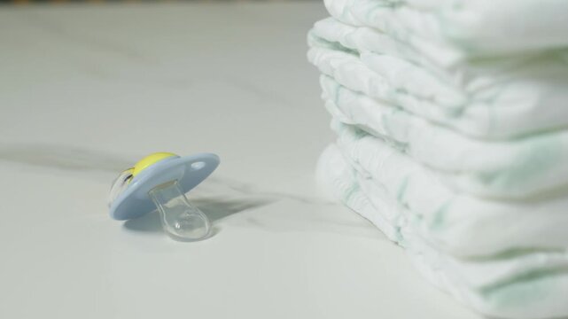 Baby Pacifier Beside Stack of Disposable Diapers