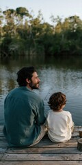 Fototapeta premium Father and child sitting fishing on wooden dock by lake