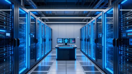 Naklejka premium Server room with blue lighting