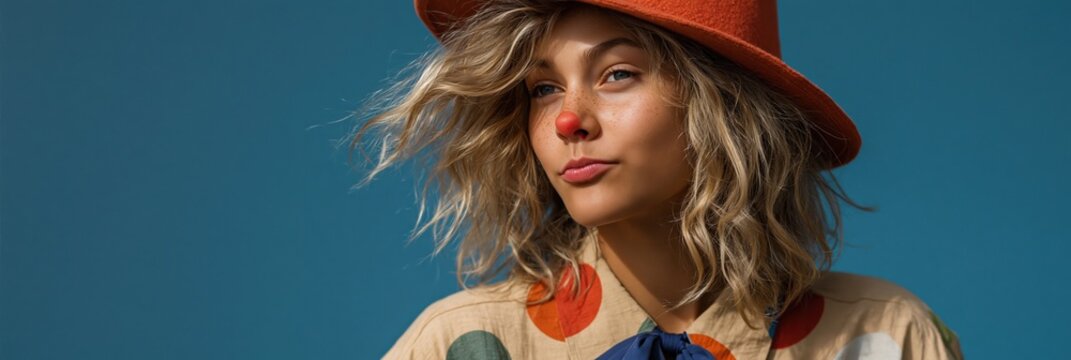 Young woman wearing clown nose smirking in studio