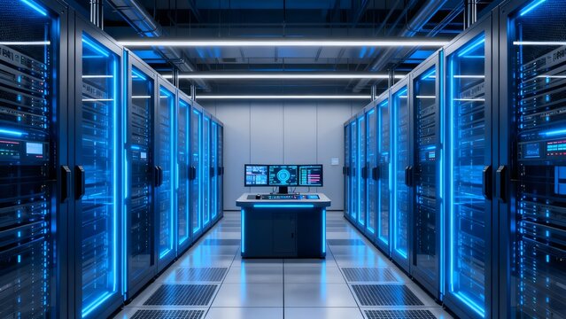 Server room with blue lighting