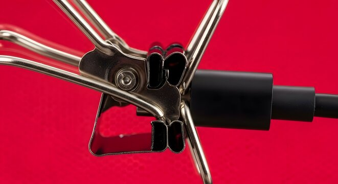 Macro shot of metal binder clips holding a black charging cable against a vibrant red textured cloth.