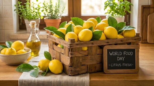 Fresh lemons in a wooden basket on a kitchen counter for world food day