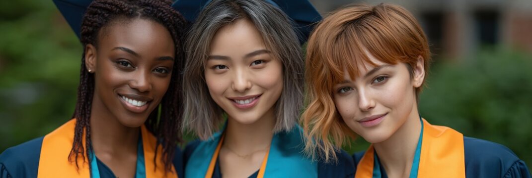Three women graduates wearing teal stoles posing closely