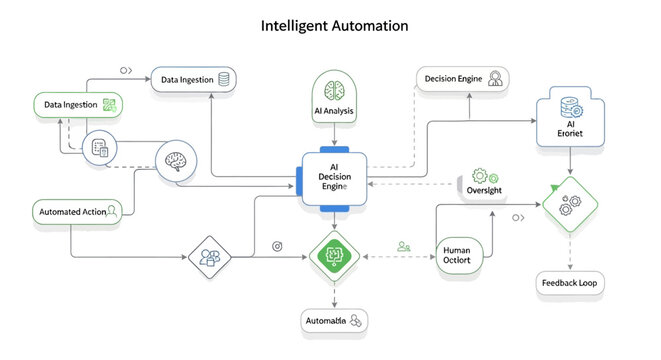 Intelligent automation process with AI decision engine and data integration flowchart diagram