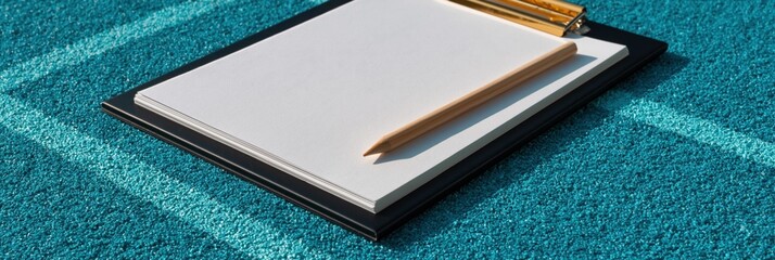Fototapeta premium Clipboard with pencil resting on textured teal carpet