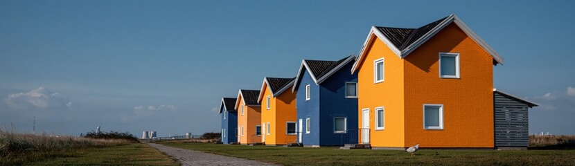 Obraz premium Colorful houses standing in a row on coastal grassland road