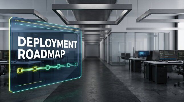 Deployment Roadmap Presentation Slide with a Futuristic Office Background