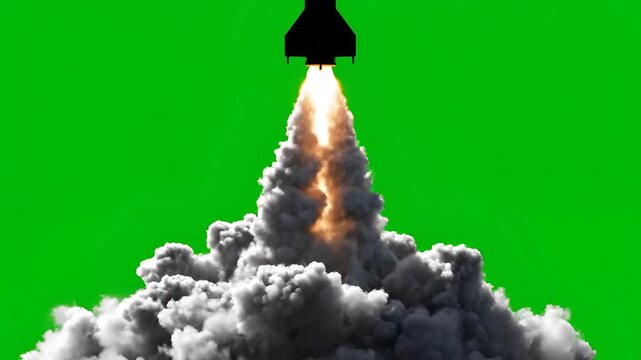 Rocket Launching with Fiery Exhaust and Smoke on Green Screen Background.