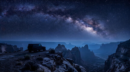 Obraz premium Off road vehicle on cliff edge under starry milky way sky with night sky