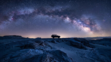 Fototapeta premium Off road vehicle silhouetted against the milky way galaxy at night with universe