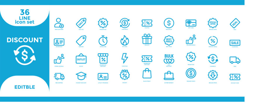Discount offer icon set 36 line icons for sales and promotions