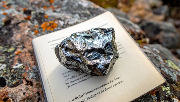 A rough chunk of raw titanium ore with visible metallic flecks resting on an open book page