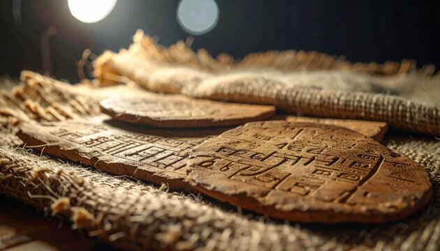 Ancient clay tablets bearing incised marks, carefully layered with textured material, showcasing historical inscriptions