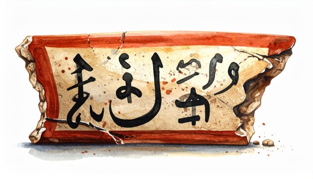 Ancient Egyptian Demotic Script Brush Painted on a Reddish-Brown Clay Pottery Shard Fragment