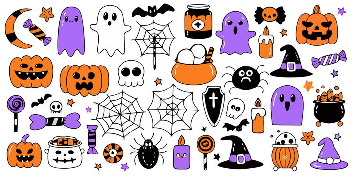 Cute halloween elements creating spooky doodle pattern