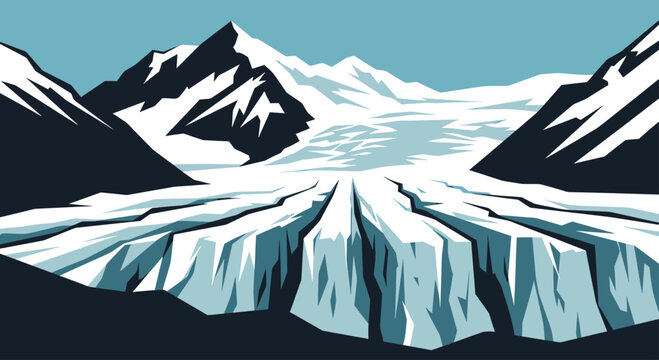 Majestic, sharp-edged glacier flowing between dark, angular mountain peaks under sky
