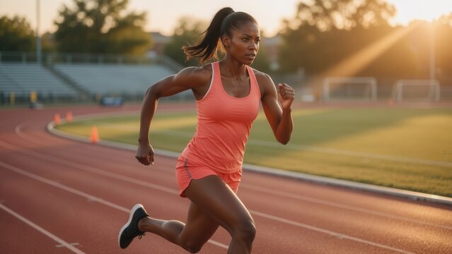 Track sprinting action of female athlete at sunset on sports field dynamic motion outdoor environment