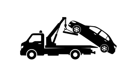 Naklejka premium Minimal black silhouette icon, simple flat vector, bold black shape, no, no shading tow truck icon with a car being towed on a, flat icon style