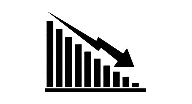 Minimal black silhouette icon, simple flat vector, bold black shape, no, no shading bar chart with downward trend arrow icon on a, flat icon style