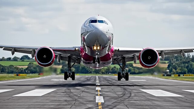 Airplane taking off from runway against green landscape background