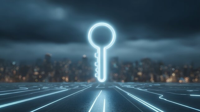 Futuristic digital key graphic symbolizing cybersecurity and encrypted data flow in a dark technological environment