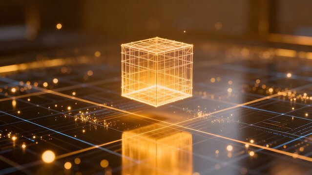 Glowing wireframe cube on reflective surface