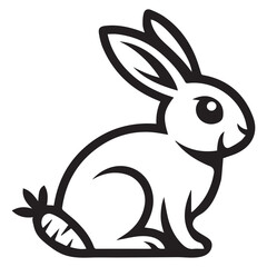Fototapeta premium Minimalist rabbit vector icon, black and white bunny line art illustration, cute hare silhouette with carrot tail, modern animal logo design