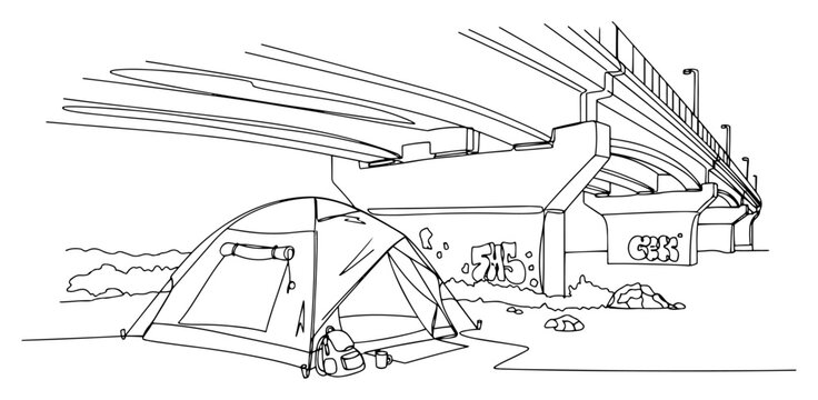 Tent pitched under a concrete bridge representing homelessness in continuous line drawing style
