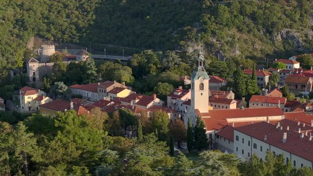 Rijeka, Croatia and Trsat Castle a part of Old City port at the river Rijecina firth. Aerial Shot at Summer Morning.